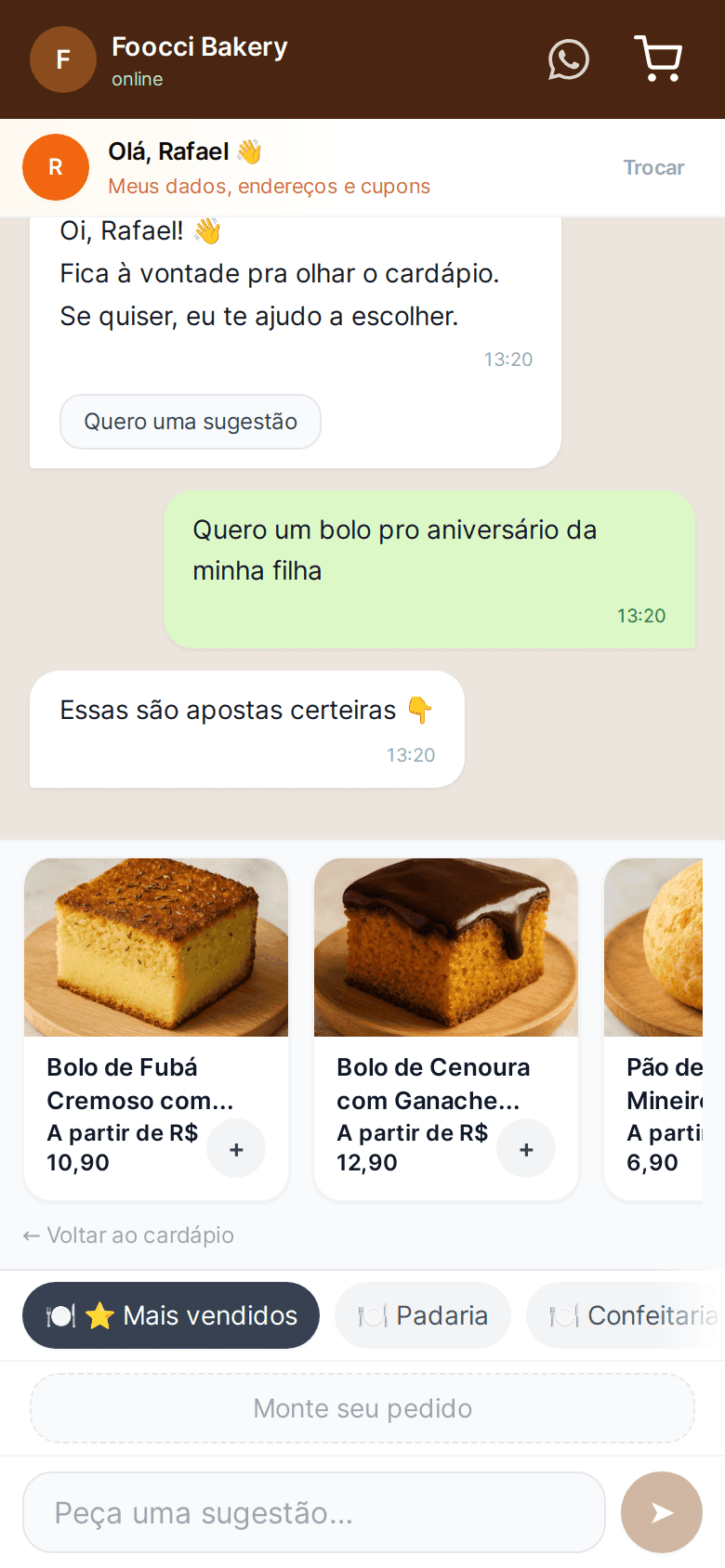 Tela de celular: o cliente escreve para o Garçom de IA e recebe a resposta com pratos do cardápio, com foto e preço.