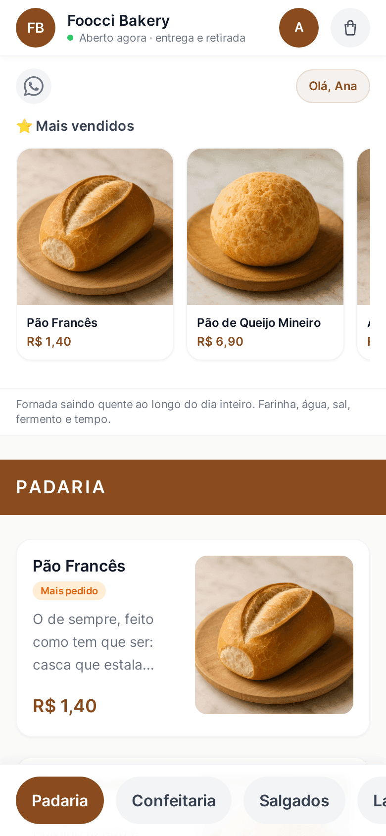 Tela de celular: o cardápio da padaria de demonstração aberto, com os pratos, os preços e o botão de pedir.