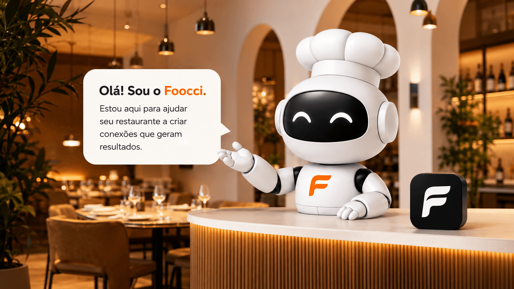 Mascote do Foocci recebendo clientes no balcão de um restaurante acolhedor, com o balão de fala: Olá! Sou o Foocci.