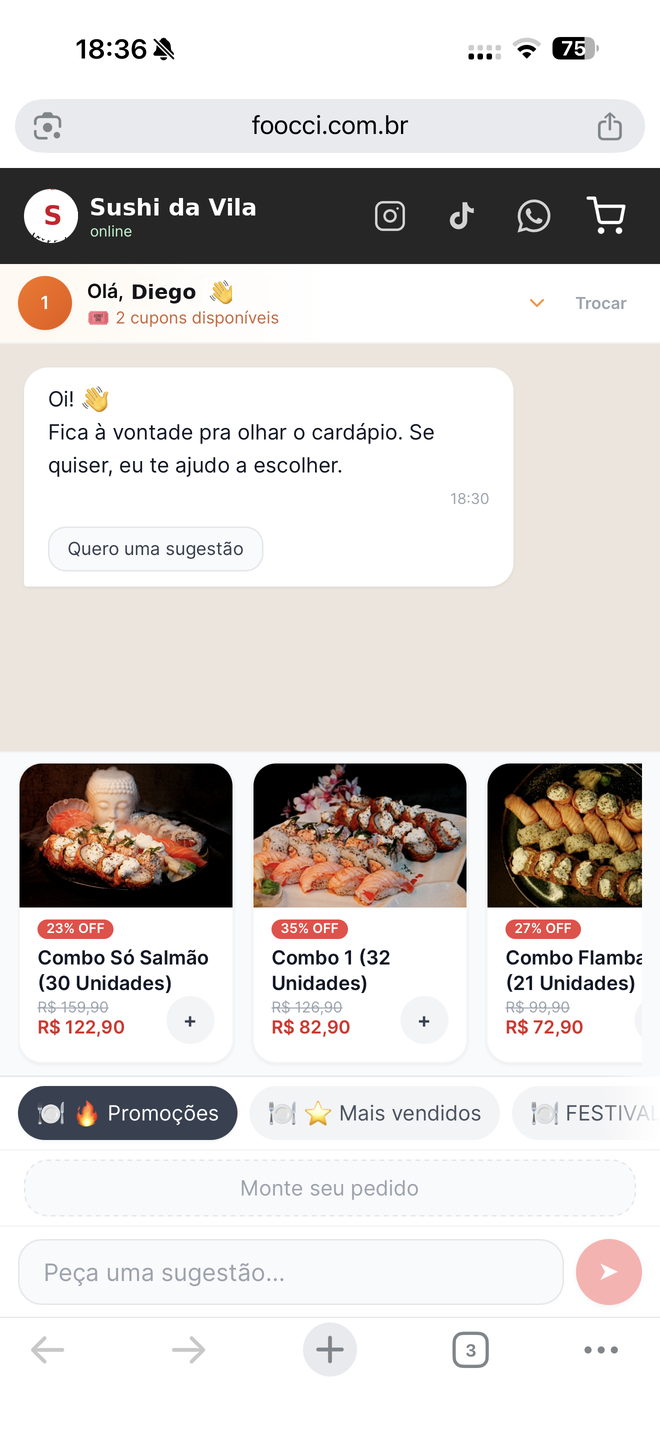 Tela 1 do pedido pelo Garçom: Chegou, foi reconhecido