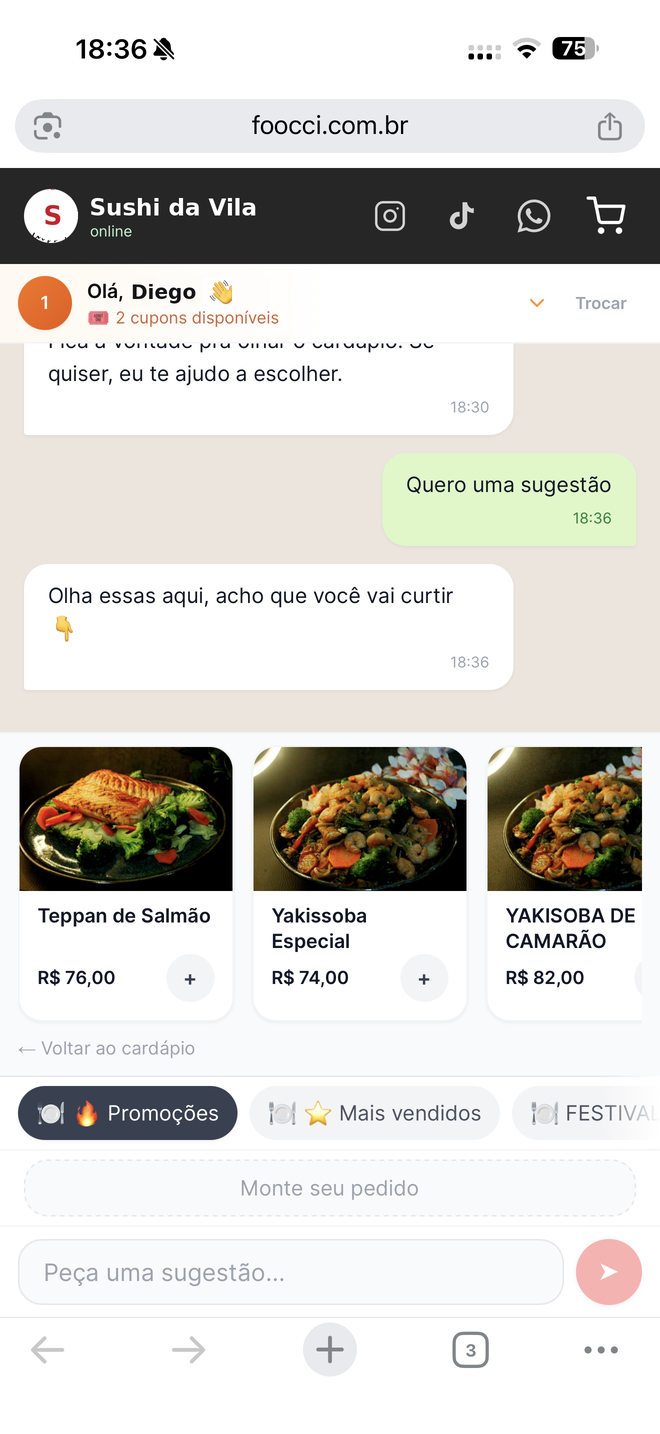 Tela 2 do pedido pelo Garçom: Pediu sugestão, ganhou sugestão