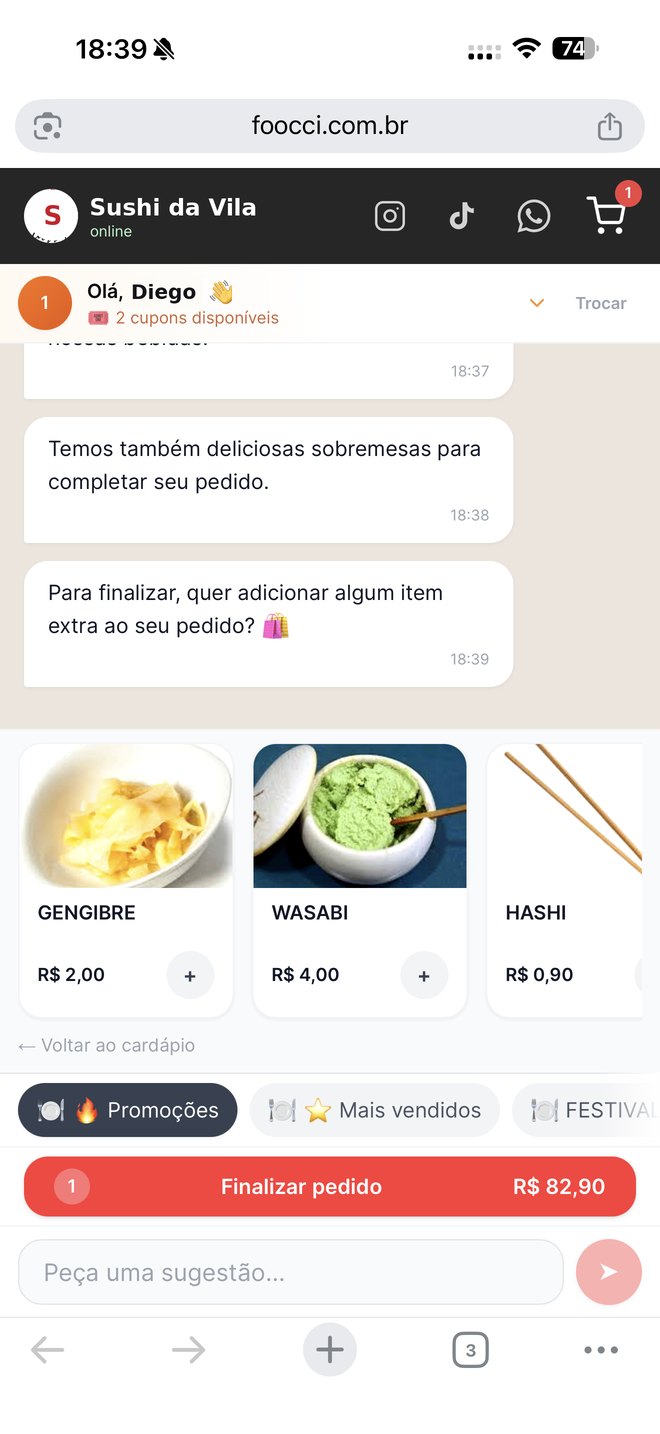 Tela 3 do pedido pelo Garçom: O Garçom vende mais