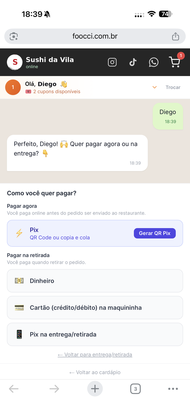 Tela 4 do pedido pelo Garçom: Pagamento sem fricção