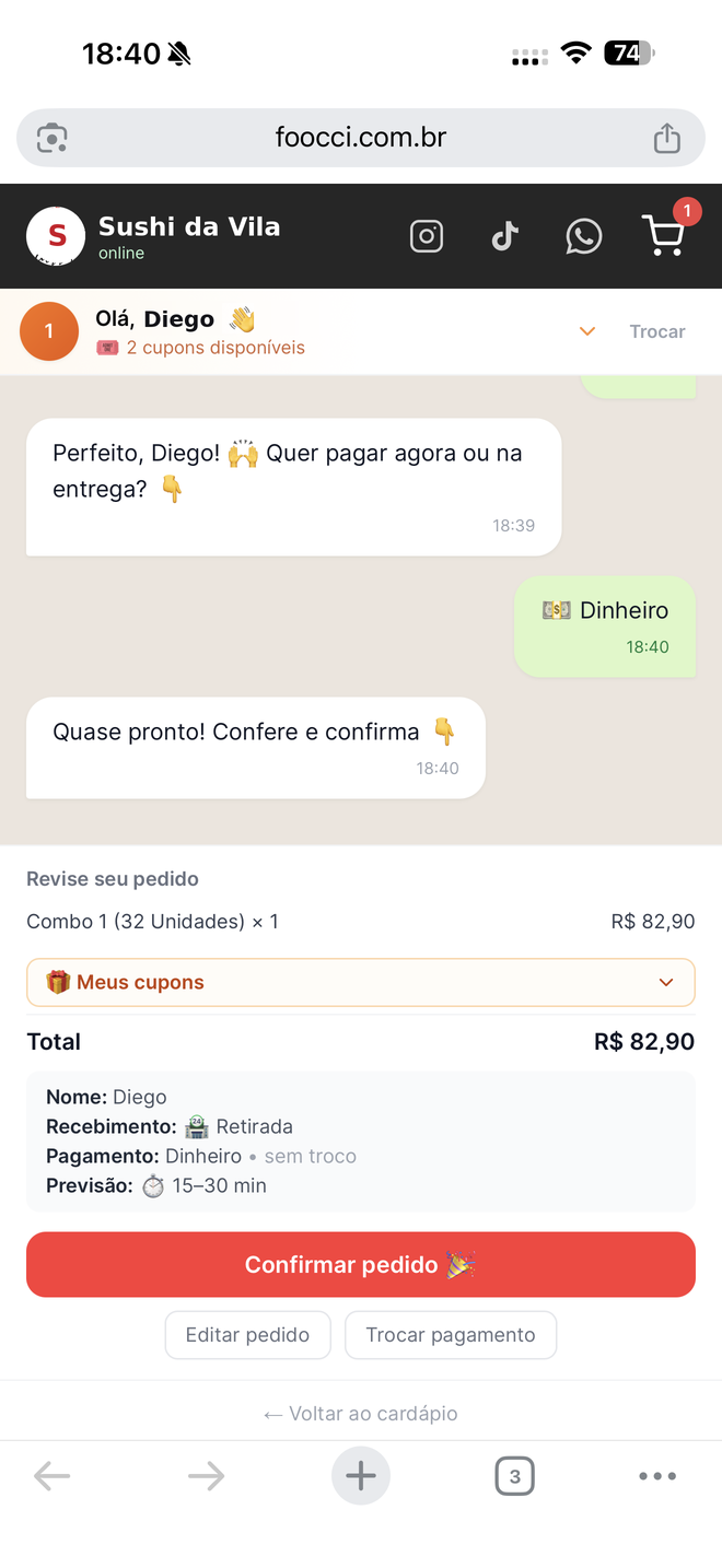 Tela 5 do pedido pelo Garçom: Confirmou, foi pra cozinha